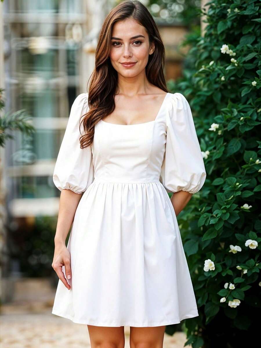 Vestido Corto de Escote Cuadrado con Manga Abullonada Casual para Mujer - Blanco - Ver 1