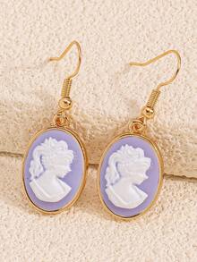 1 Pair Vintage Embossed Face Resin Women Earrings, Oval Geometric Fashionable Earrings - Multicolor - View 5