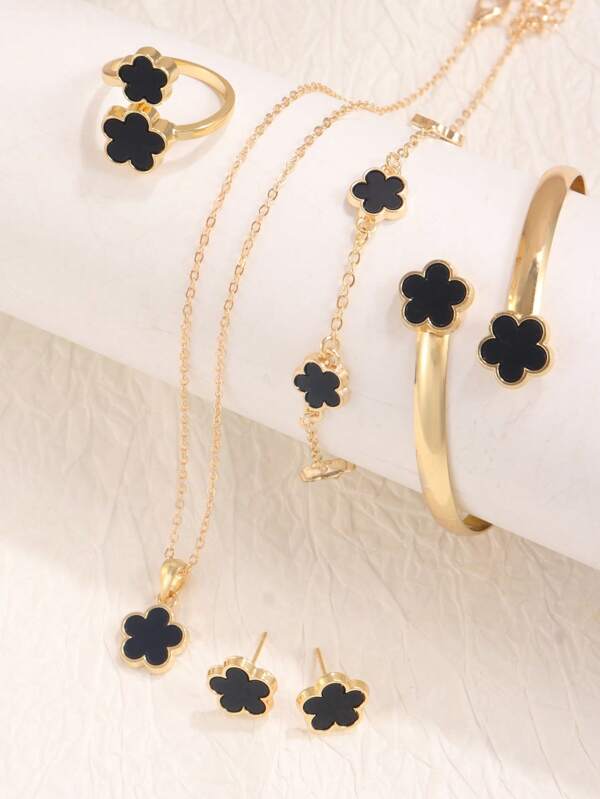 5pcs/Set Korean Style Clover Pendant Necklace, Bracelet, Earrings & Ring Suit, Fashionable Luck Flower & Plum Blossom Jewelry Set, Suitable For Valentine's Day, Daily Wear, Holiday Gift