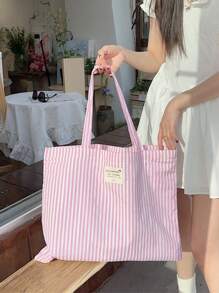 复古条纹帆布手提包，女士大容量条纹帆布手提包 - 时尚单肩包，适合旅行和购物，亮红色和白色条纹，大容量，百搭，可水洗 - 无扣，日常手提包，休闲日常手提包 - 彩色 - 查看 6