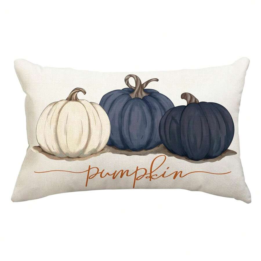 1 pièce Housse de coussin d'automne 12x20 pouces Aquarelle Blanc Bleu Noir Citrouille Housse de coussin d'automne Housse de coussin saisonnière Décoration d'automne pour canapé Simple face sans insert de coussin - Bleu azur - Voir 1