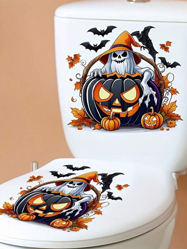 1pc Halloween Evil Pumpkin And Little Devil Toilet Sticker - PVC Waterproof Self-Adhesive Fun Bathroom Wall Decor, Home Accents For Doors, Fridges, Windows, Cute Cartoon Design, Easy Apply For Living Room And Bathroom Decor, Bathroom Decor And Accessories