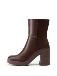 Women's Platform Gogo Ankle Boots Chunky High Heels Square Toe Comfort Party Dress Side Zipper Booties Shoes For Women - 棕色 - 查看 8