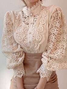 Women's Lace Blouse, Long Sleeve Shirt With Lace Buttons - Beige - View 3