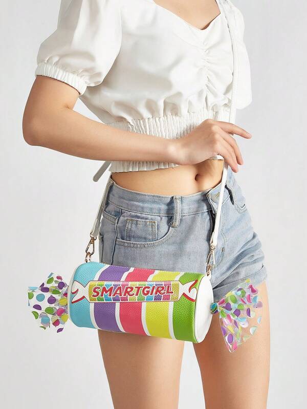 Bolsa Novidade Fofa Colorida em Formato de Doce Listrado, Bolsa Transversal Para Meninas, Clutch de Festa, Bolsa de Ombro de Couro PU de Moda