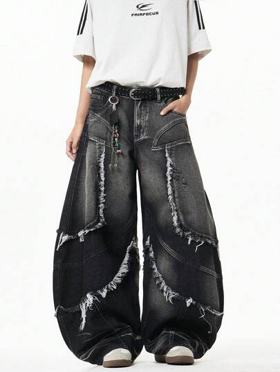 1 pièce Pantalon en jean ample à pattes d'éléphant avec ourlet effiloché, style rétro hip hop patchwork, pour hommes