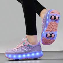 夏季 LED 灯运动轮滑鞋，适合青少年、学生、成人和情侣，时尚透气低帮运动鞋，可转换室内/室外轮滑鞋 - 粉色 - 查看 8