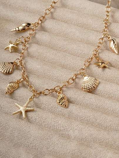 1 st halsband i bohemiskt vintage-stil med söta snäcksnäckor, sjöstjärnor och snäckor, lämpligt för vardagsbruk och semesterbruk, guldfärgat