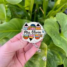 1个个性化可伸缩教师证件夹，可爱铅笔和花朵设计，返校礼物，定制教师姓名牌，创意教师礼物，教师节礼物，节日日历