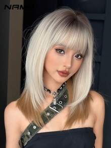 NAMM 18 英寸时尚齐肩假发，渐变银棕色假发，带刘海深色发根，蓬松全机高密度合成纤维分层假发，适合女孩日常、街头服饰、音乐节派对摄影假发，非常适合开学季、万圣节角色扮演动漫或服装使用 - 銀色 - 查看 4