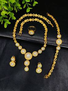 4件套女士黄金吊坠项链、耳环、手链、戒指首饰套装，适合中东女性、迪拜新娘，可用于婚礼、派对、舞会、母亲节、生日、约会、节日礼物、日常佩戴。 - 金黃色 - 查看 2