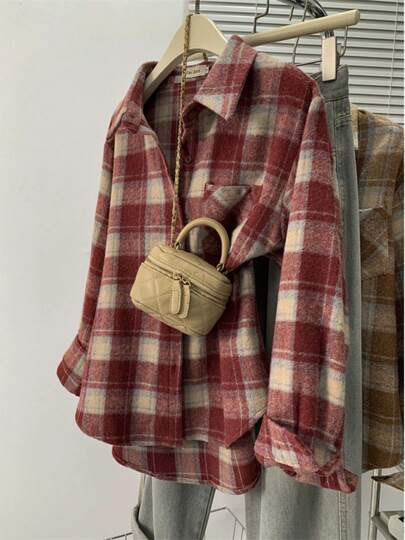 Women's Brushed Flannel Shirt Jacket, Vintage Plaid Button-Down Top With Polo Collar & Pocket, Cozy Office & Lounge Shirt For Fall Winter Spring