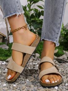 2025年夏季新款大码扣环厚底时尚一脚蹬厚软木底沙滩凉鞋女士防滑休闲