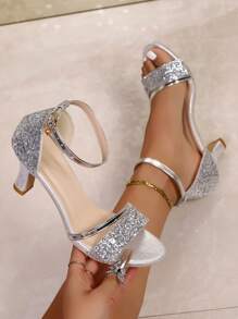 New Fashion Women's Shiny High Heel Sandals, Sexy PU Leather Sequin Buckle Dress Sandals, Party & Summer