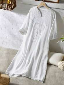 Womens Linen Dress Lightweight Long Sleeve V Neck Embroidery Loose Dress Summer Midi Dress - 白色 - 查看 3