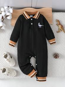 Cute Casual Half Open Front Ribbed Collar Embroidered Little Dinosaur Baby Romper
