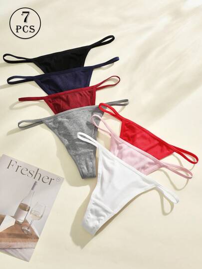 7pcs/Pack Sexy Thong Panties, Multiple Colors Available, Ribbed Low Waist Underwear, Soft & Comfortable, Women's Panties, Bikini Briefs, Sexy Lingerie