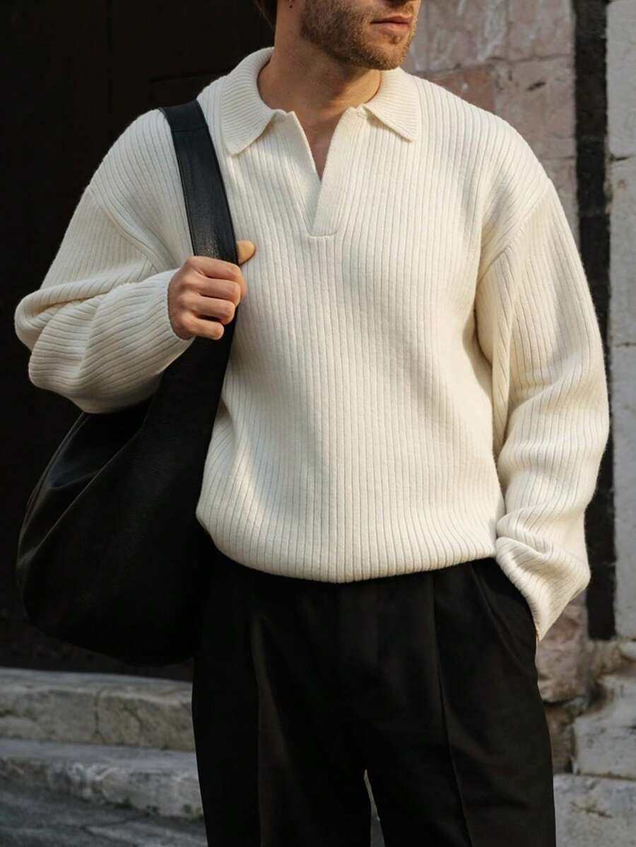 OFFICEAU Men's Ribbed Knit Sweater, Casual Loose Pullover Polo Neck Knitwear Top, Autumn/Winter, Old Money - Apricot - View 1