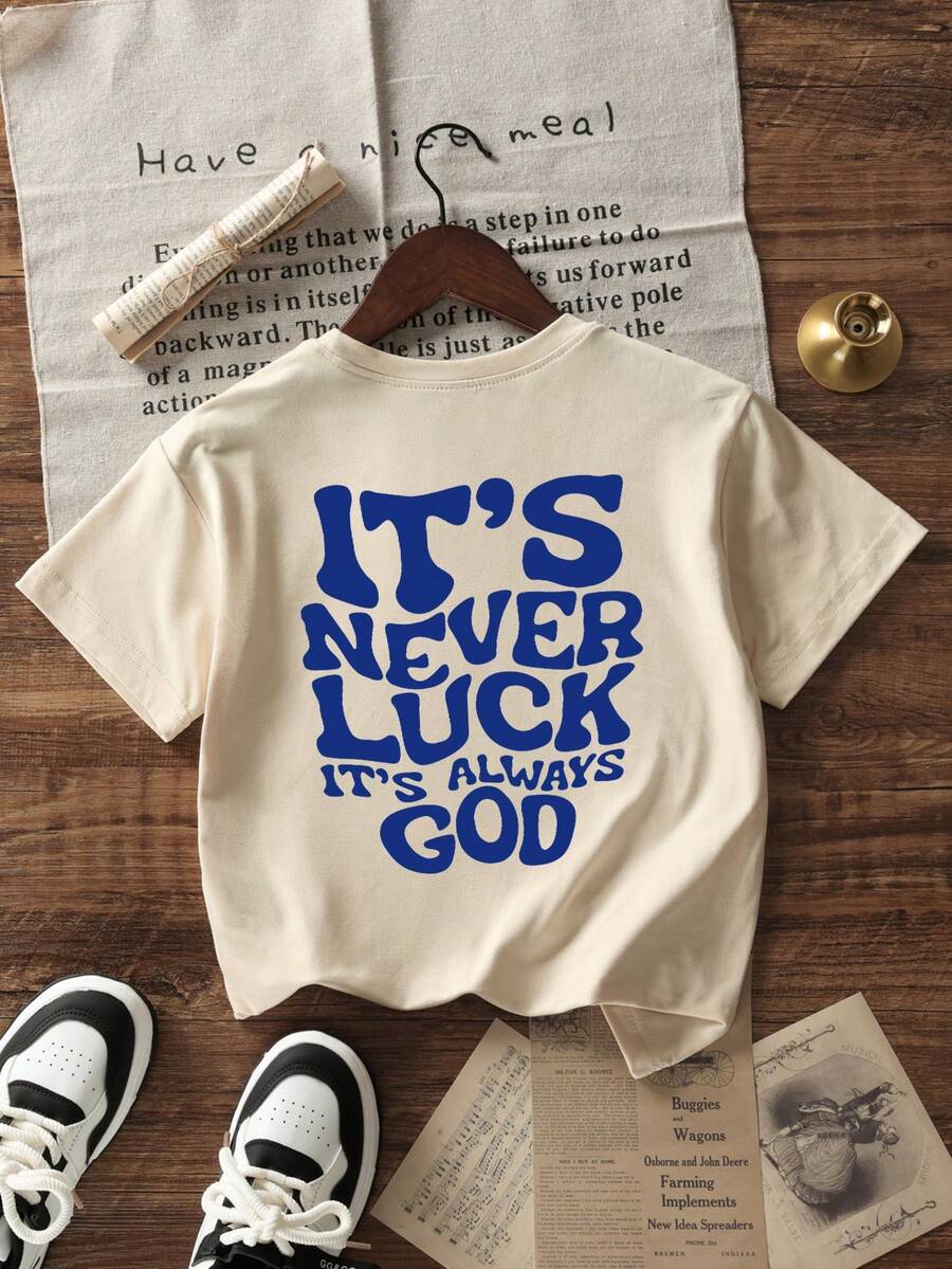 Boys & Teens Casual Printed Round Neck Short Sleeve T-Shirt, Summer Top - Apricot - View 1