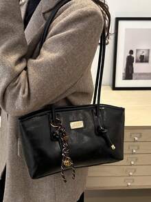 1 pieza Bolso de bolos de unicolor de PU con cierre de cremallera acolchado, gran capacidad, bolso de hombro de moda, estilo retro - Negro - Ver 4