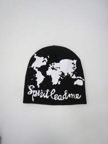 1 件地图图案针织帽，涂鸦时尚百搭帽，适合秋冬，欧盟/美国风格