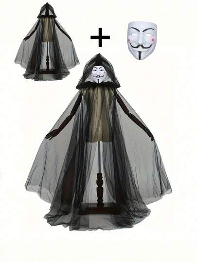 1 pièce Cape de sorcière noire à double couche - Costume de cosplay d'Halloween, matériau en polyester léger avec capuche, ceinture ajustable, sans plumes, facile à entretenir, convient pour les fêtes d'horreur, les événements à thème et les festivals, tissu élégant à double couche avec franges, décoration d'Halloween, décoration de fête d'Halloween effrayante