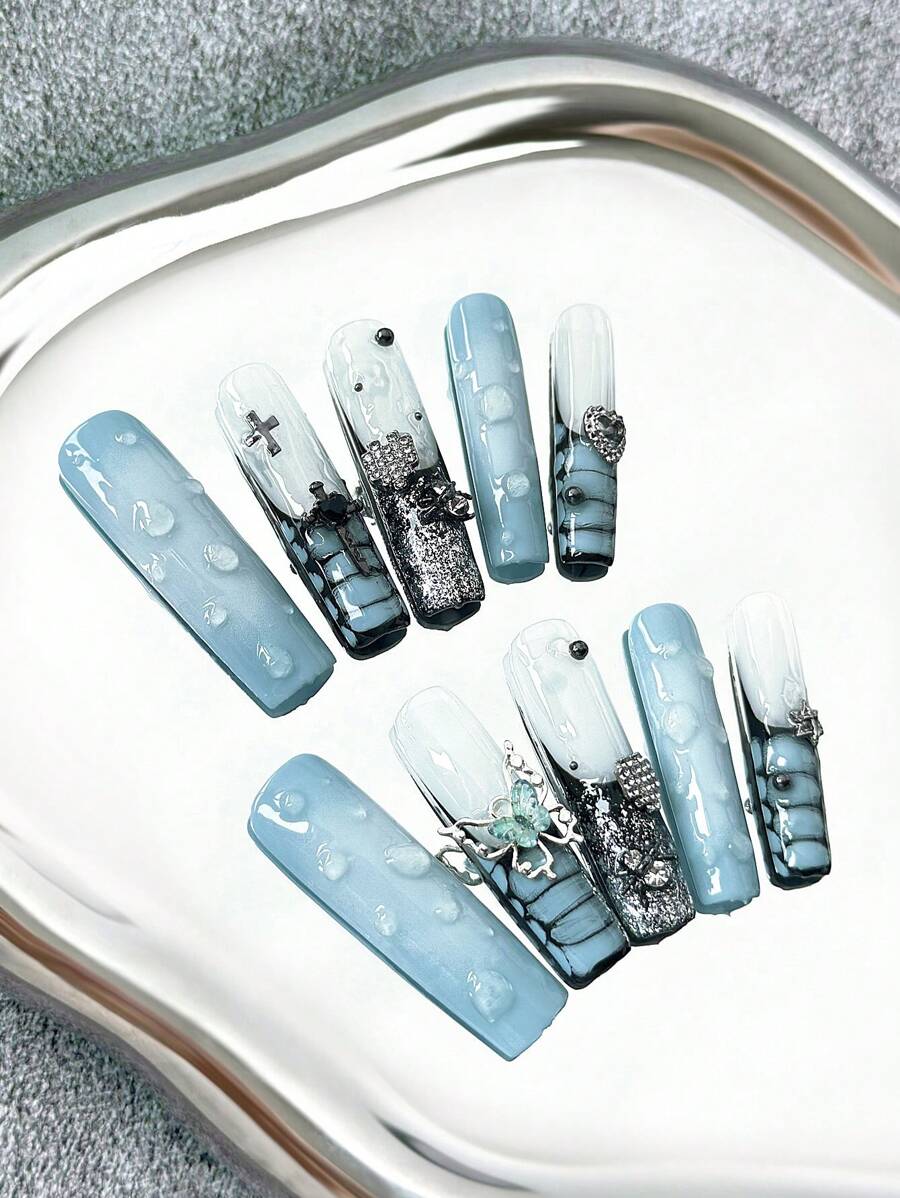 45 毫米超长方形指甲手工按压式指甲带蝴蝶饰物、手绘渐变水滴艺术图案和 3D 撞色设计 - 全覆盖 DIY 闪光人造指甲，10 件/包