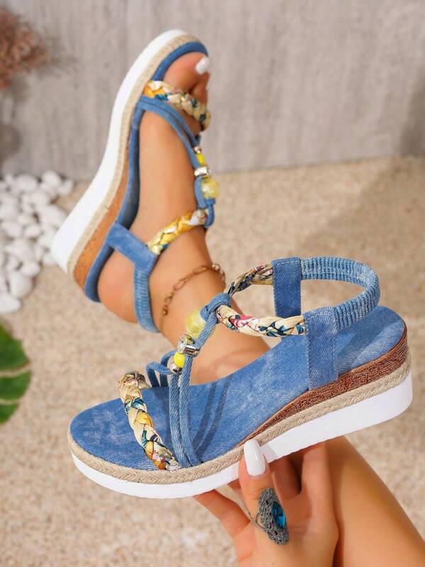 Women's Platform Sandals, Decorated With Big Pearls & Rhinestones, Bohemian Open Toe Thick Bottom Shoes. Paired With Elastic One-Push Design Mid-Heel Comfortable Thick Sole Wedge High Heel Lightweight Casual Woven Hemp Roman Sandals, Suitable For Summer