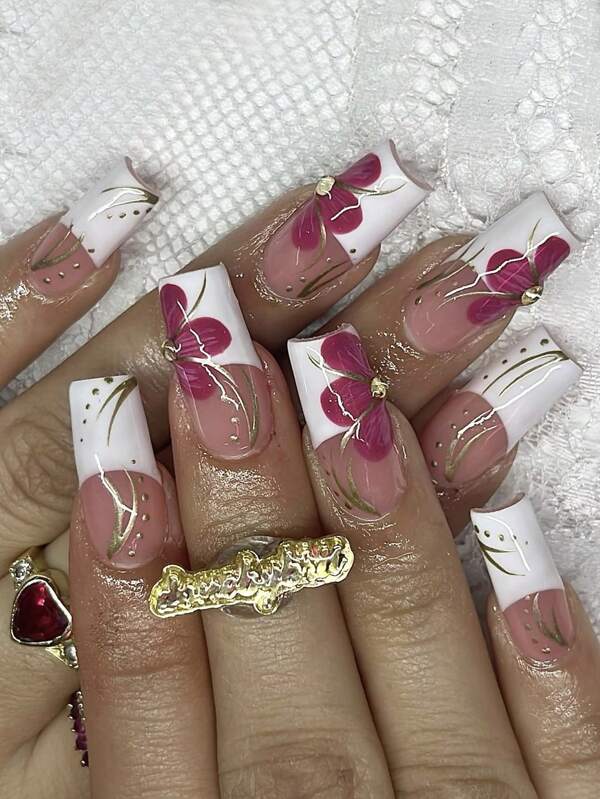 24pcs Medium-Length Coffin Press On Nails&Fake Nails, White French Edges, Golden Lines, Rose Red Flower Patterns, Elegant Style, Suitable For Parties And Daily Life, It Is A Gift For Girls And Women