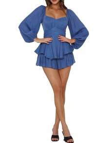 Women Puff Long Sleeve Romper Off Shoulder Ruffle Flowy Short Jumpsuit Layered Pirate Dress With Shorts Playsuit - Blue - View 4