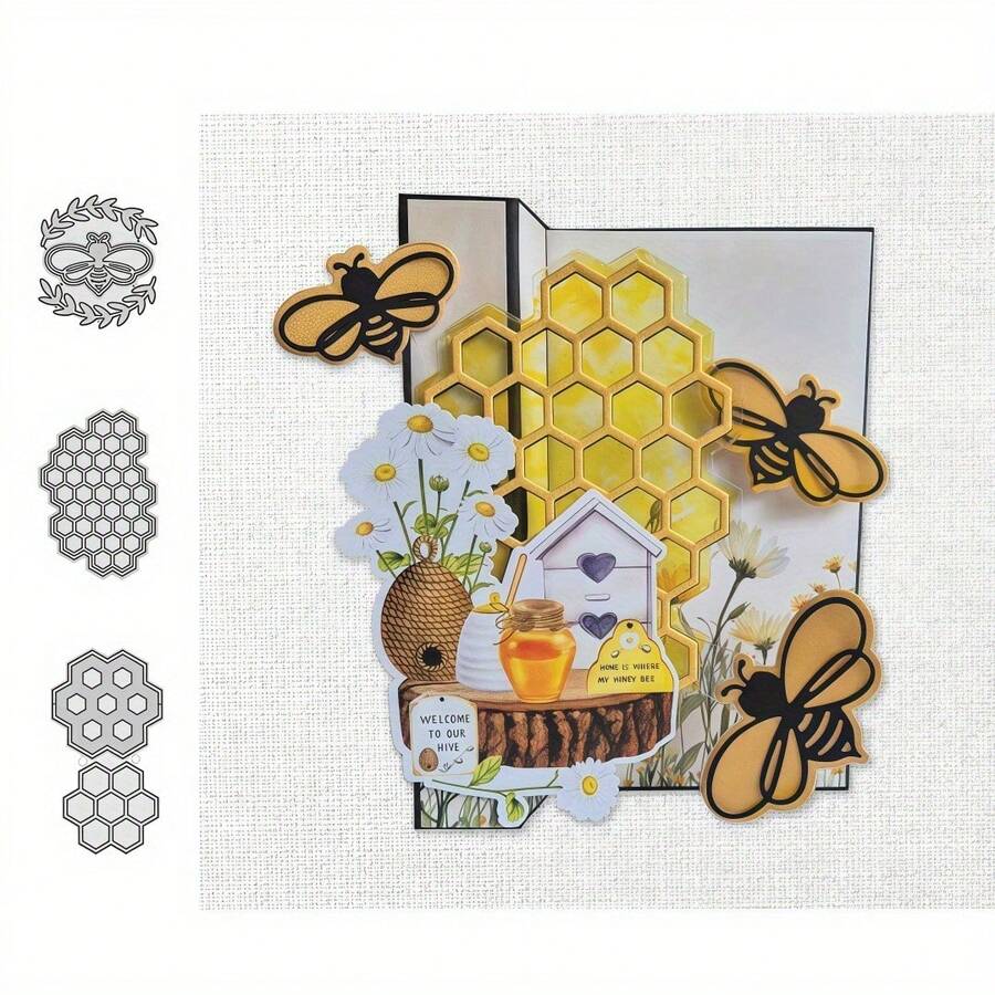 全新蜂窝背景和小蜜蜂金属切割模具，适用于框架背景装饰、剪贴簿 DIY 项目、工艺创作，为您的项目增添特殊的色彩。