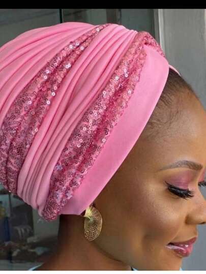 1pc Women's Solid Color Asymmetrical Linen Splicing Sequins African Turban Hat, Suitable For Daily, Travel, Beach Vacation, Year-Round Wear