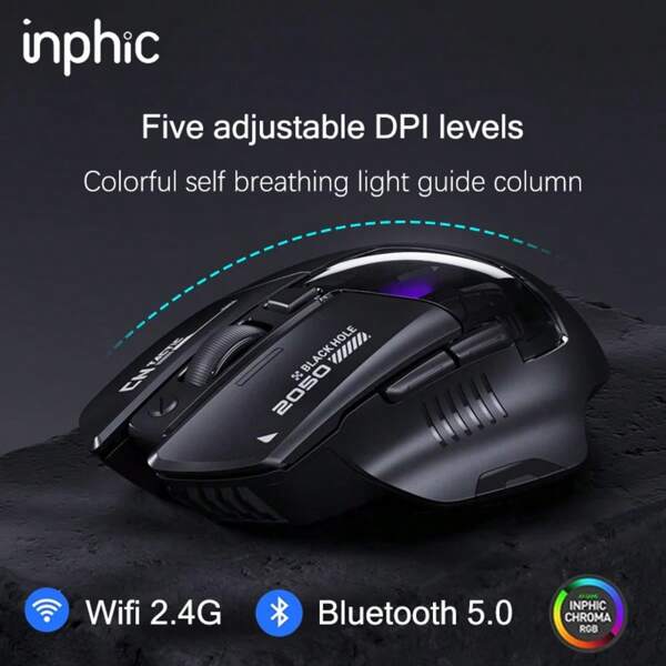 inphic Mouse inalámbrico para juegos Inphic con Bluetooth de tres modos, 12000DPI ajustable en 5 niveles, 6 teclas, 1000Hz, visualización de alimentación RGB con color mudo, ergonómico y estilizado, adecuado para PC y portátiles