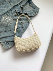 春夏新款编织单肩包腋下法棍包百搭街头逛街小包月牙包度假沙滩编织休闲包上班通勤 - 米色 - 查看 8