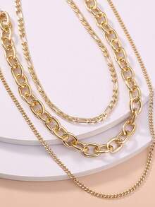3 件套分层嘻哈风格女士项链，时尚、优雅、百搭，适合派对、海滩、日常休闲装、节日礼物（手工制作，误差 1-3 厘米） - 金黃色 - 查看 2