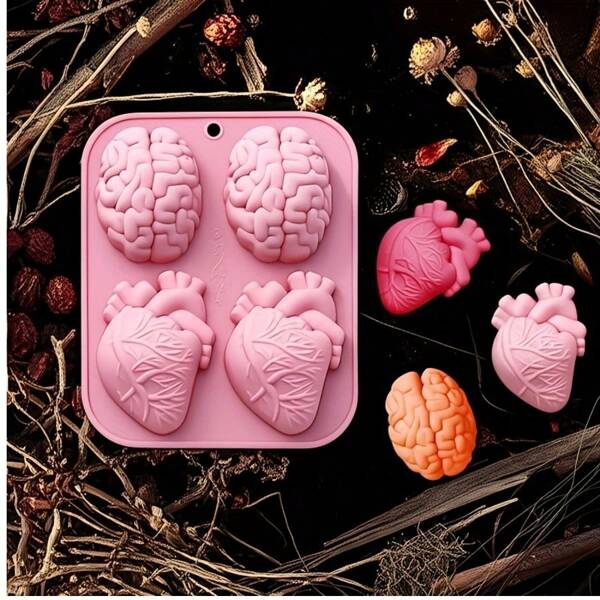 1 Molde de silicona de Halloween en forma de cerebro y corazón para hornear, molde de decoración de chocolate para bricolaje y herramientas de hornear, accesorios para fiestas de Halloween y Día de los Muertos