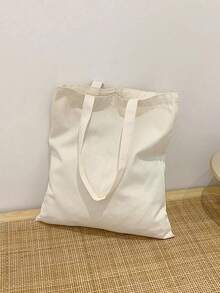 1 件时尚简约纯色手提包大容量双手柄购物袋便携式纺织单肩手提包适合女孩、女士和大学生适合户外、旅行、度假、购物 - 米色 - 查看 9