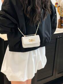 迷你方形包，编织纹理，绗缝，新款女士手提包，菱形图案缝线，高品质单肩包，编织链条包，翻盖小包，口红包，可爱斜挎包，时尚配饰包 - 白色 - 查看 6