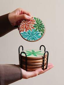 CMYD Studio 7pcs/set Japanese Style Bamboo And Wooden Heat Insulation Cup Coaster, Circular Tea Tray For Home And Living, Zen Wooden Mat - Brown - View 4