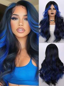 24-Inch Blue Highlighted Curly Wig - Rose Hair Network Oil-Resistant Singing Street Style - 挑染藍色 - 查看 1