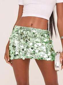 Women Sequin Mini Skirt Sparkly Low Rise Short Bodycon Skirt  Summer Streetwear For Party Club - 淺綠 - 查看 4