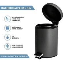 3 LITRE SMALL S/S PEDAL BIN BATHROOM KITCHEN TOILET RUBBISH - Black - View 1