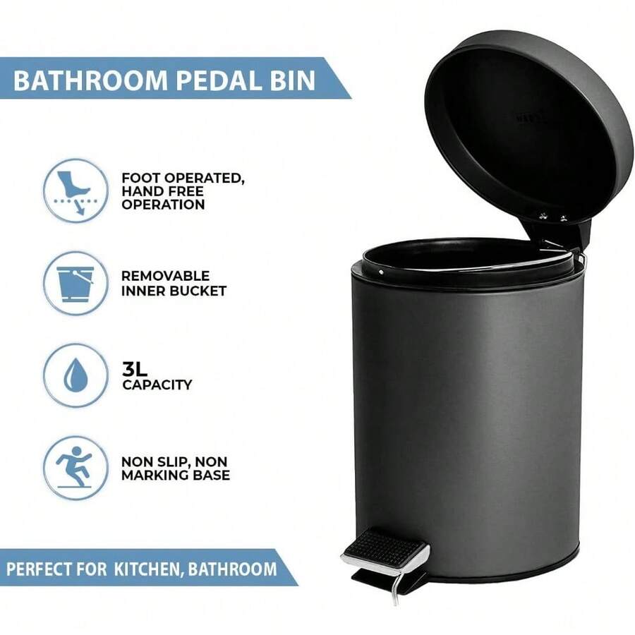 3 LITRE SMALL S/S PEDAL BIN BATHROOM KITCHEN TOILET RUBBISH - Black - View 1