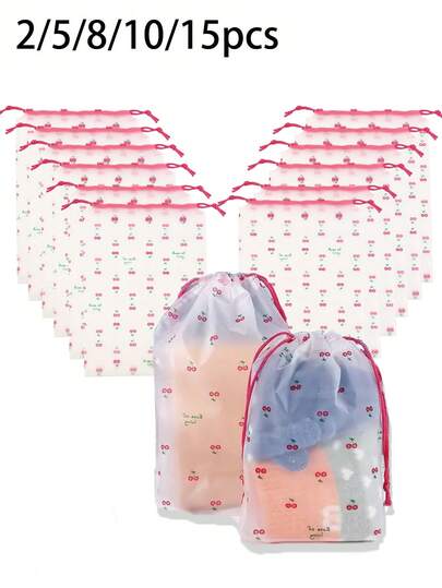 2/5/8/10/15 樱桃图案透明塑料收纳袋，便携式旅行鞋袋，鞋袋，抽绳鞋袋整理袋，男女通用 - 卡通靴袋鞋盒鞋盒鞋收纳盒鞋收纳配件，适用于旅行、度假、邮轮、夏季假期旅行包、旅行用品、大学宿舍、家庭学校必备、邮递员必备、返校必备