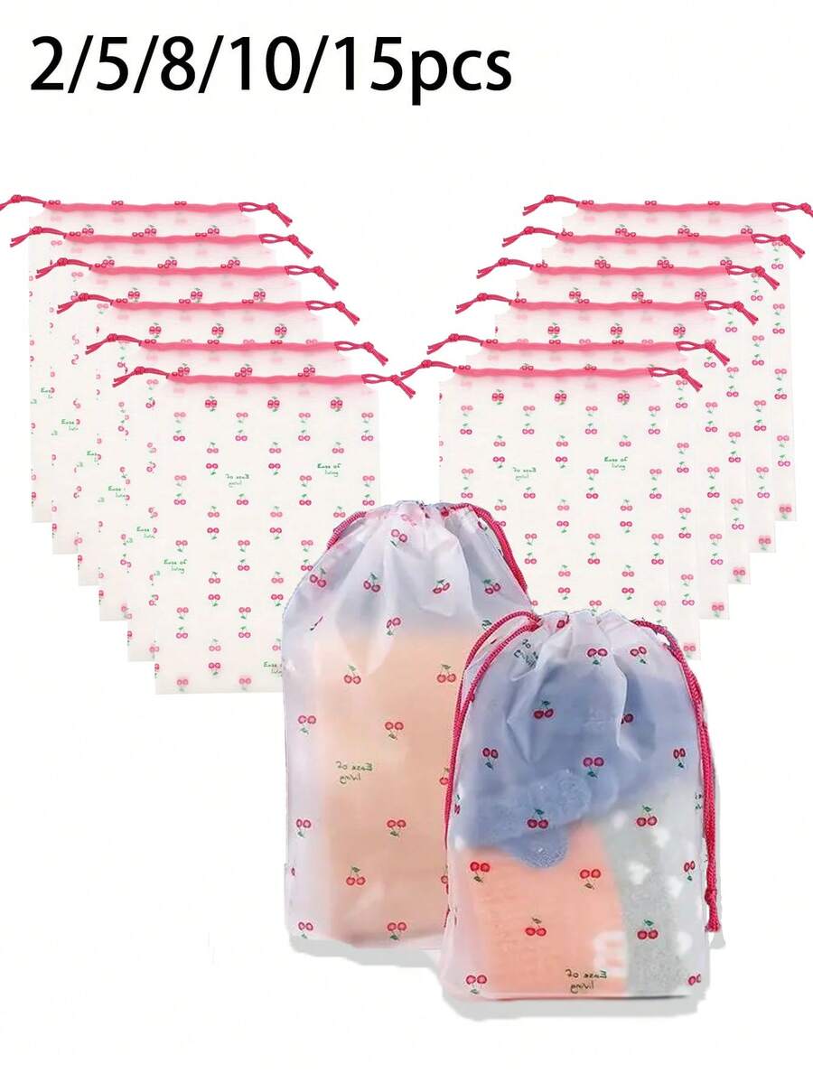 2/5/8/10/15 樱桃图案透明塑料收纳袋，便携式旅行鞋袋，鞋袋，抽绳鞋袋整理袋，男女通用 - 卡通靴袋鞋盒鞋盒鞋收纳盒鞋收纳配件，适用于旅行、度假、邮轮、夏季假期旅行包、旅行用品、大学宿舍、家庭学校必备、邮递员必备、返校必备 - 彩色 - 查看 1