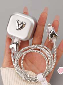 5 件套银色 TPU 手机壳，带粉色水钻五角星和 3D 心形充电器保护器，兼容 20W 英国插头适配器电缆保护器充电器配件手机配件