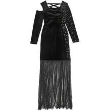Long Sleeve Fringe Dress Women Fall Elegant Bodycon Black Maxi Dress For Club Party Evening Occasion - Black - View 4