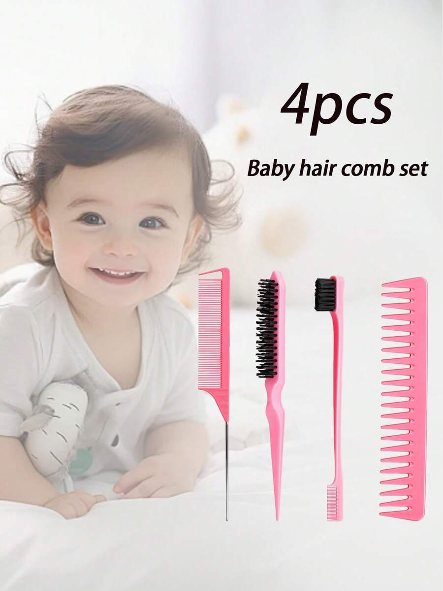 4 件套婴儿发刷造型梳套装，包括鬃毛边刷、梳毛梳、鼠尾梳和宽齿梳，适合男孩和女孩梳理、顺滑造型头发，非常适合沐浴后护发 - 彩色 - 查看 1