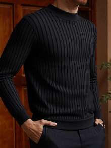 Men's Casual Ribbed Knit Pullover Sweater, Half-High Neck, Minimalist Stylish For Everyday Wear , Fall