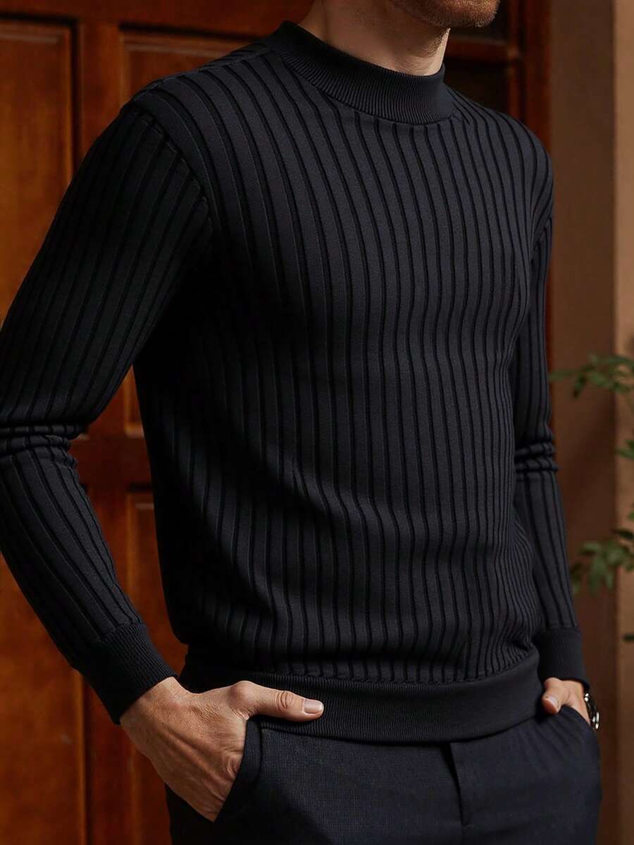 Men's Casual Ribbed Knit Pullover Sweater, Half-High Neck, Minimalist Stylish For Everyday Wear , Fall